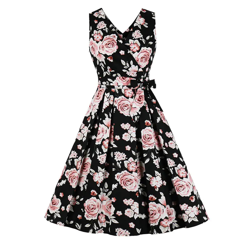 V-Neck Vintage Floral Maxi Dress with Flared Skirt