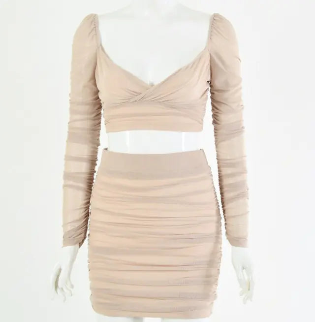 Sexy Long Sleeve Crop Top and Ruched Skirt Set