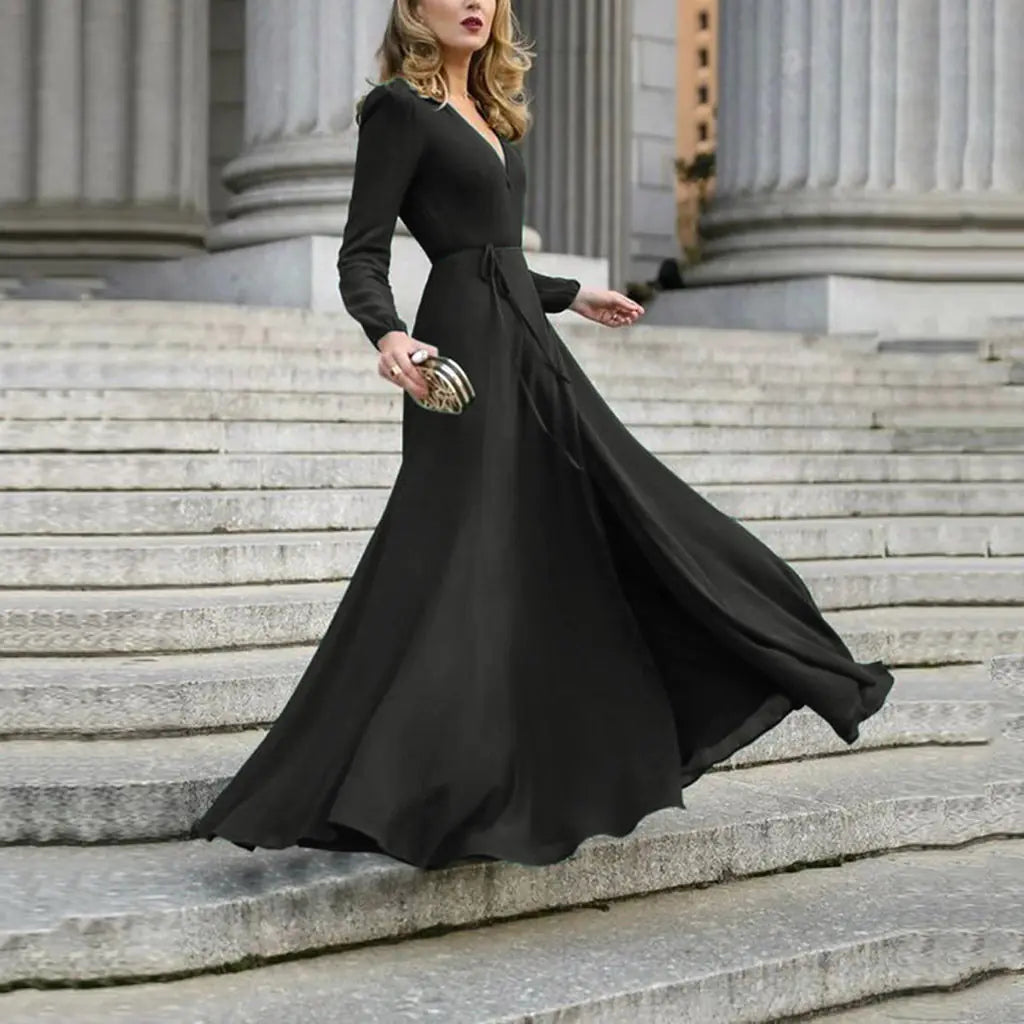 2020 Spring European Style V-Neck Long Dress