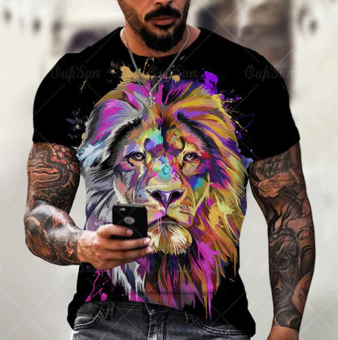 Men's Plus Size 3D Lion Print Round Neck T-Shirt