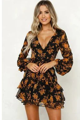 Black V-Neck Printed Dress with Waist Tie and Short Sleeves