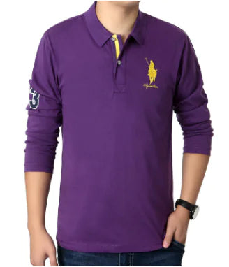 Men's Casual Long Sleeve Polo Shirt - Fashionable Solid Color