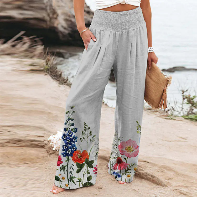 Plus Size Women's Floral Butterfly Print Wide Leg Pants
