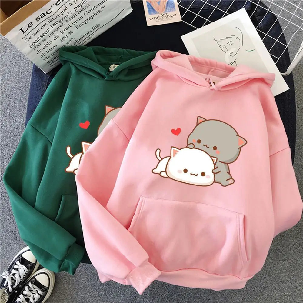 Cute Cat Print Casual Sports Hoodie for Women