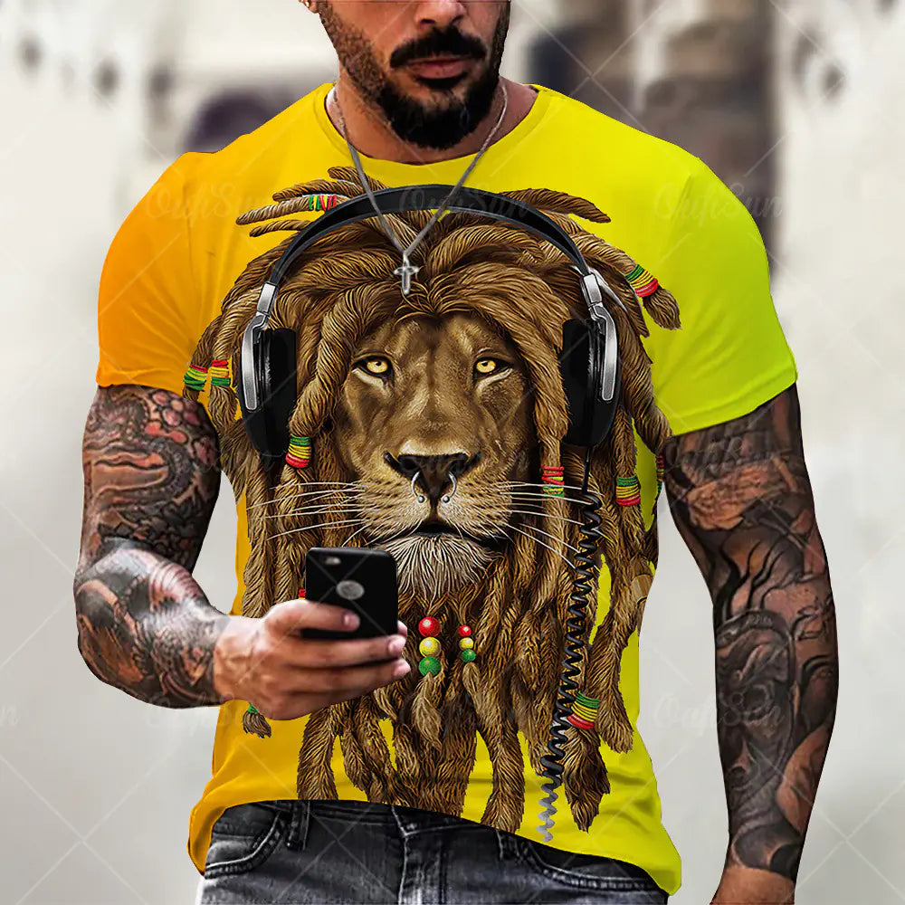 Men's Plus Size 3D Lion Print Round Neck T-Shirt