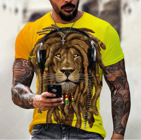 Men's Plus Size 3D Lion Print Round Neck T-Shirt