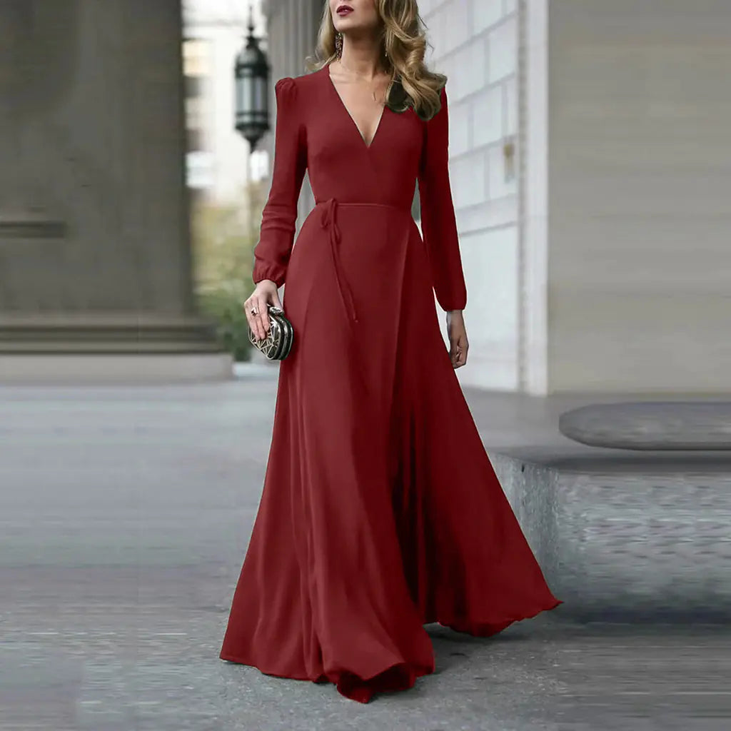 2020 Spring European Style V-Neck Long Dress