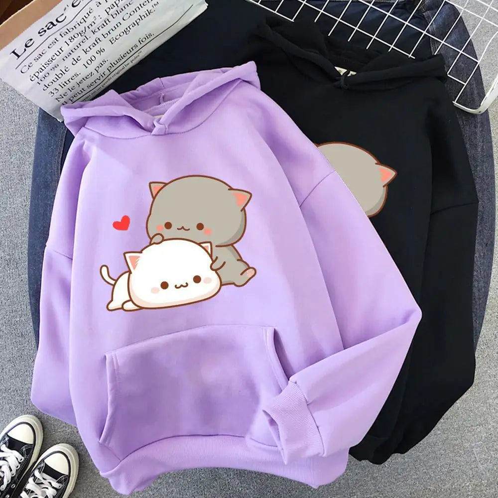 Cute Cat Print Casual Sports Hoodie for Women