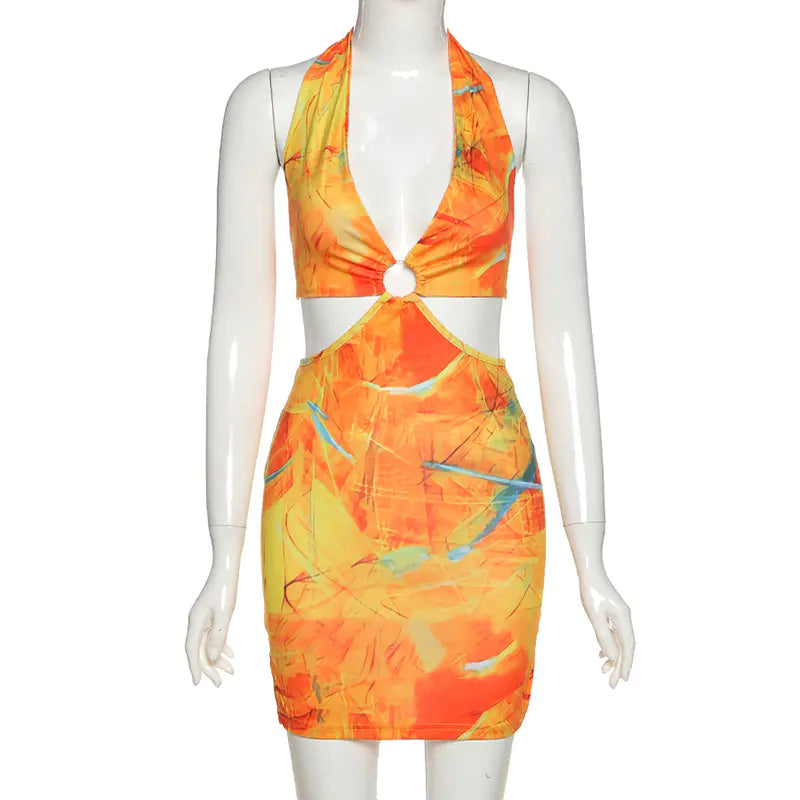 New Autumn Women's Digital Print Halter Dress