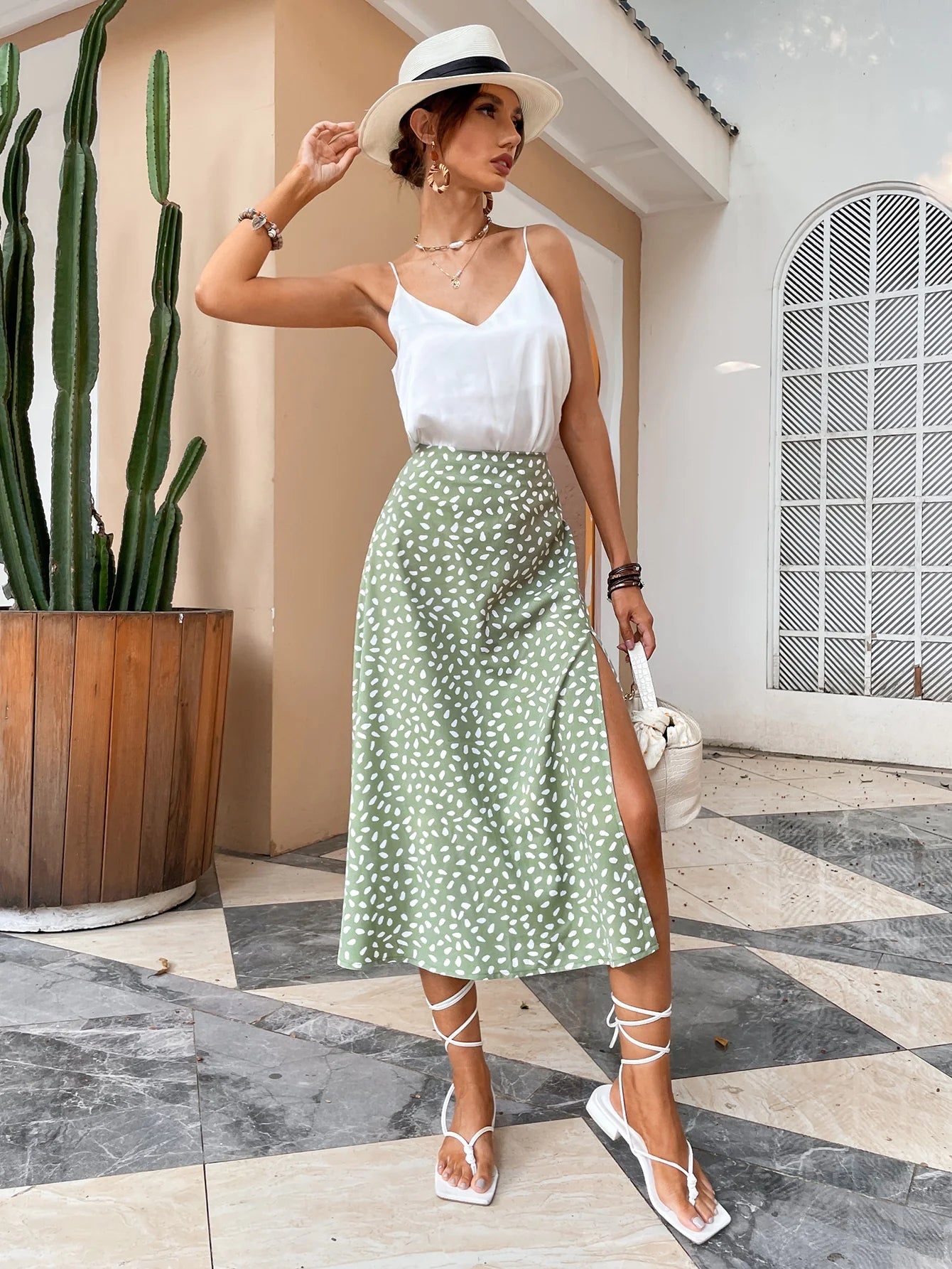 Boho Split Thigh Allover Print High Waist Skirt