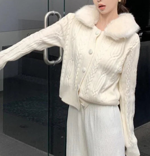 Detachable Fur Collar Cardigan Sweater for Women