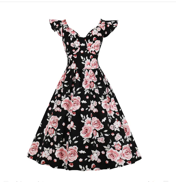 V-Neck Vintage Floral Maxi Dress with Flared Skirt