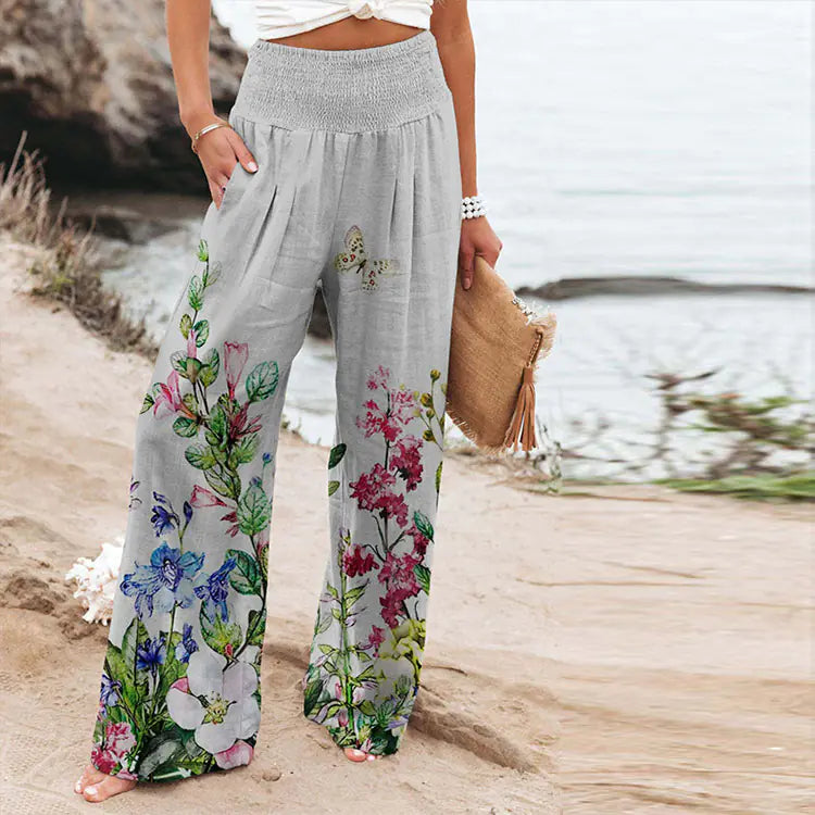 Plus Size Women's Floral Butterfly Print Wide Leg Pants